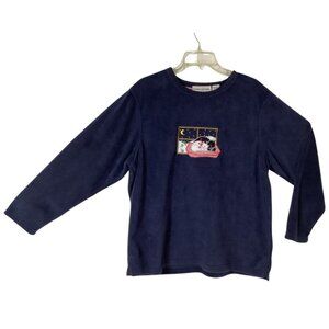 NWT Cathy Daniels Navy Fleece Pullover w/Black & White Cats Women's Size X-Large
